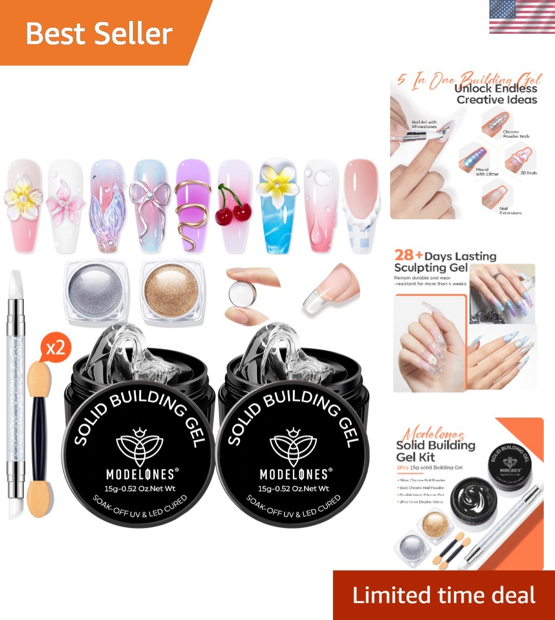 3D Nail Gel Sculpting Set – Non-Sticky Builder Gel & Chrome Powder for Home Use