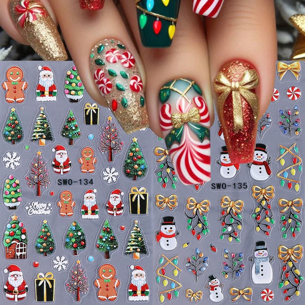 4Pcs 3D Christmas Nail Stickers Self-Adhesive Festive Nail Art Decals for Xmas