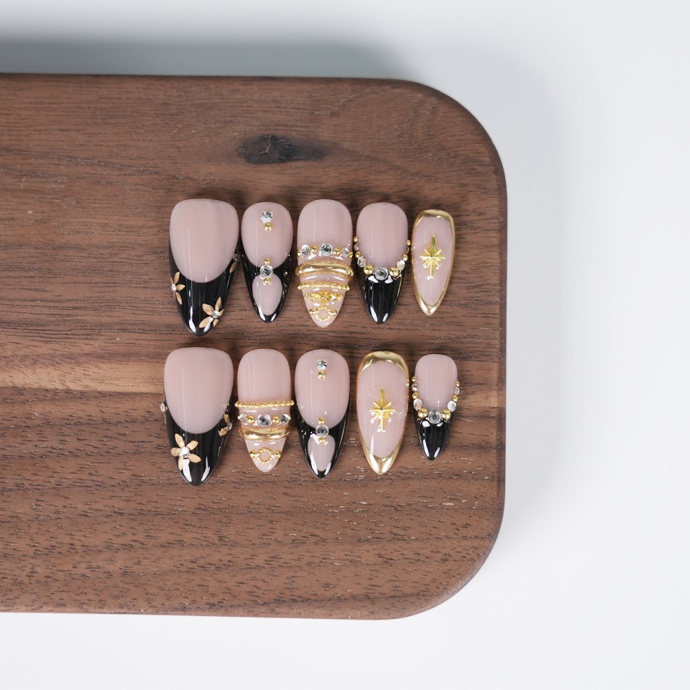 Handmade Gold Star Press on Nails Nude Black French Medium Almond Rhinestone