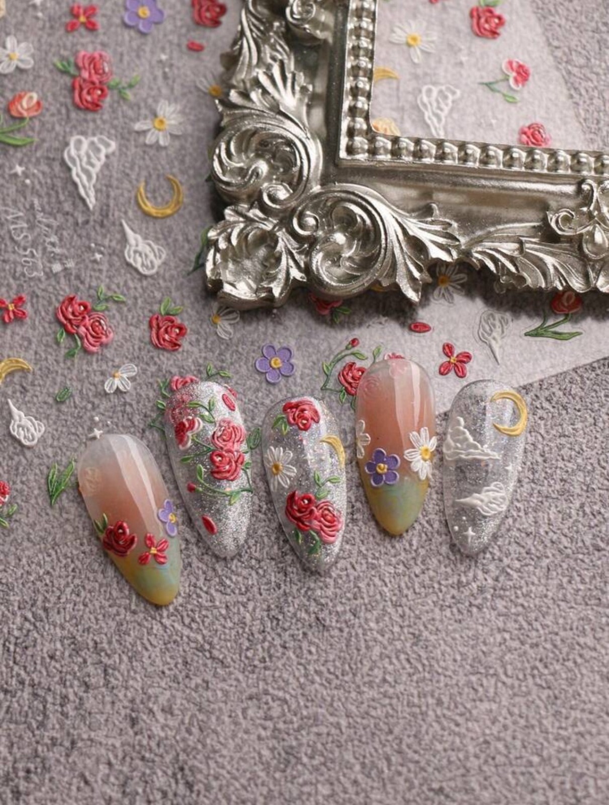 5D Nail Art Stickers Spring Summer Flowers Floral Daisy Rose Moon Clouds MS563