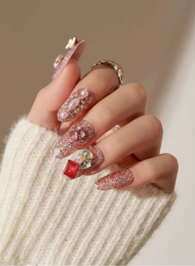 Pink Rhinestones glitter pearl Press On Nails NEW Spring fashion Valentine’s Day