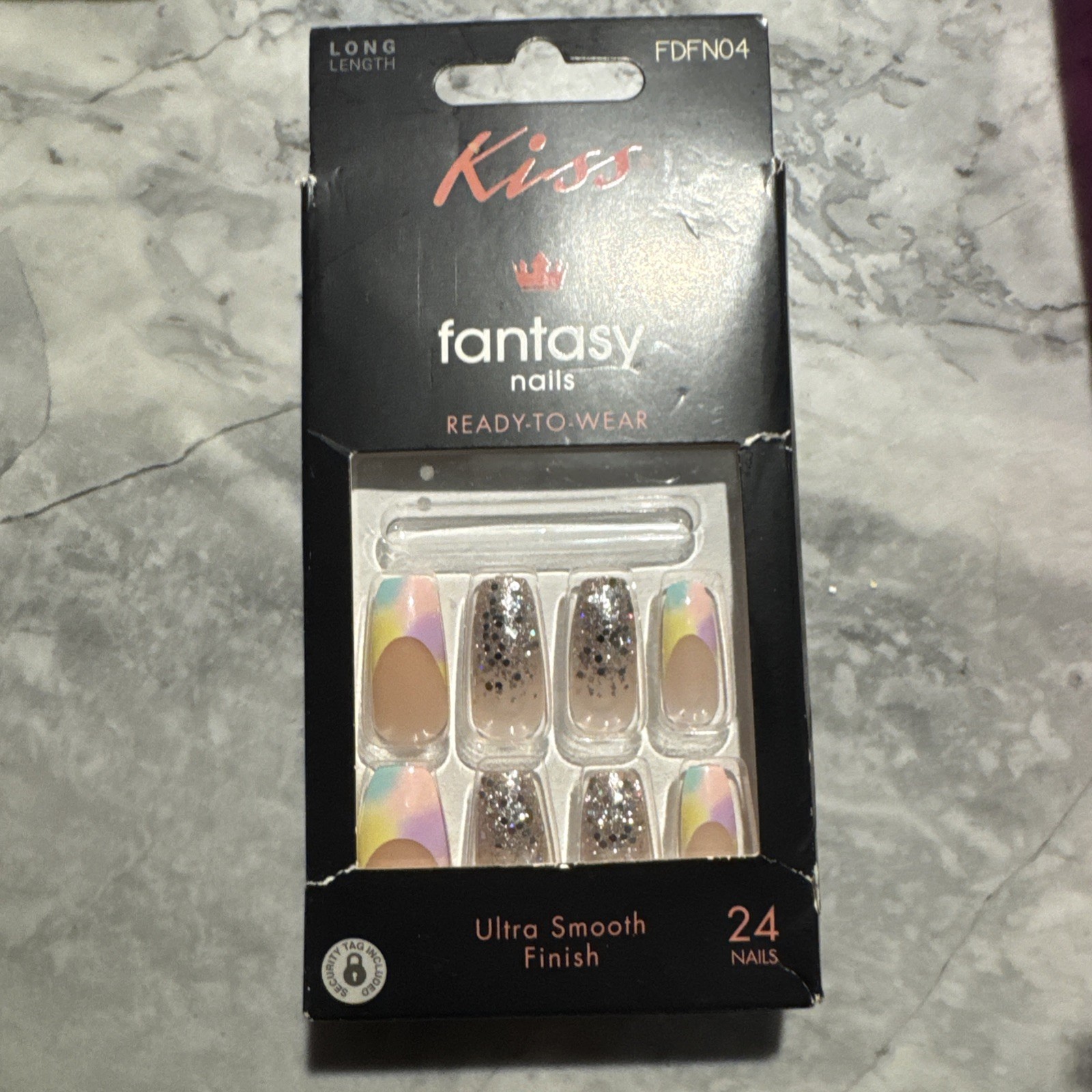 Kiss Fantasy Artificial Nail Long Rainbow Pastel French with Glitter