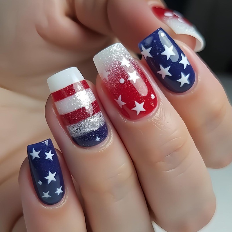 American Flag Glitter Fake Nails, Patriotic Star Stripe Press on Nails，48 Pcs