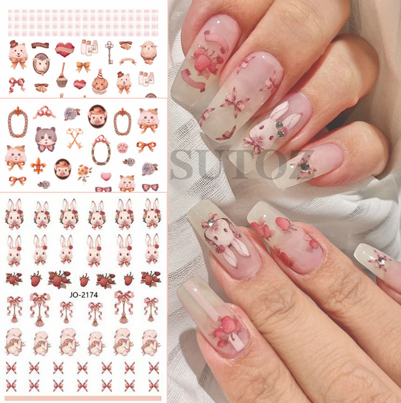 Nail Art Cute Girl Pink Bunny Animal Ribbon Sticker Rabbit Flower Manicure NH21