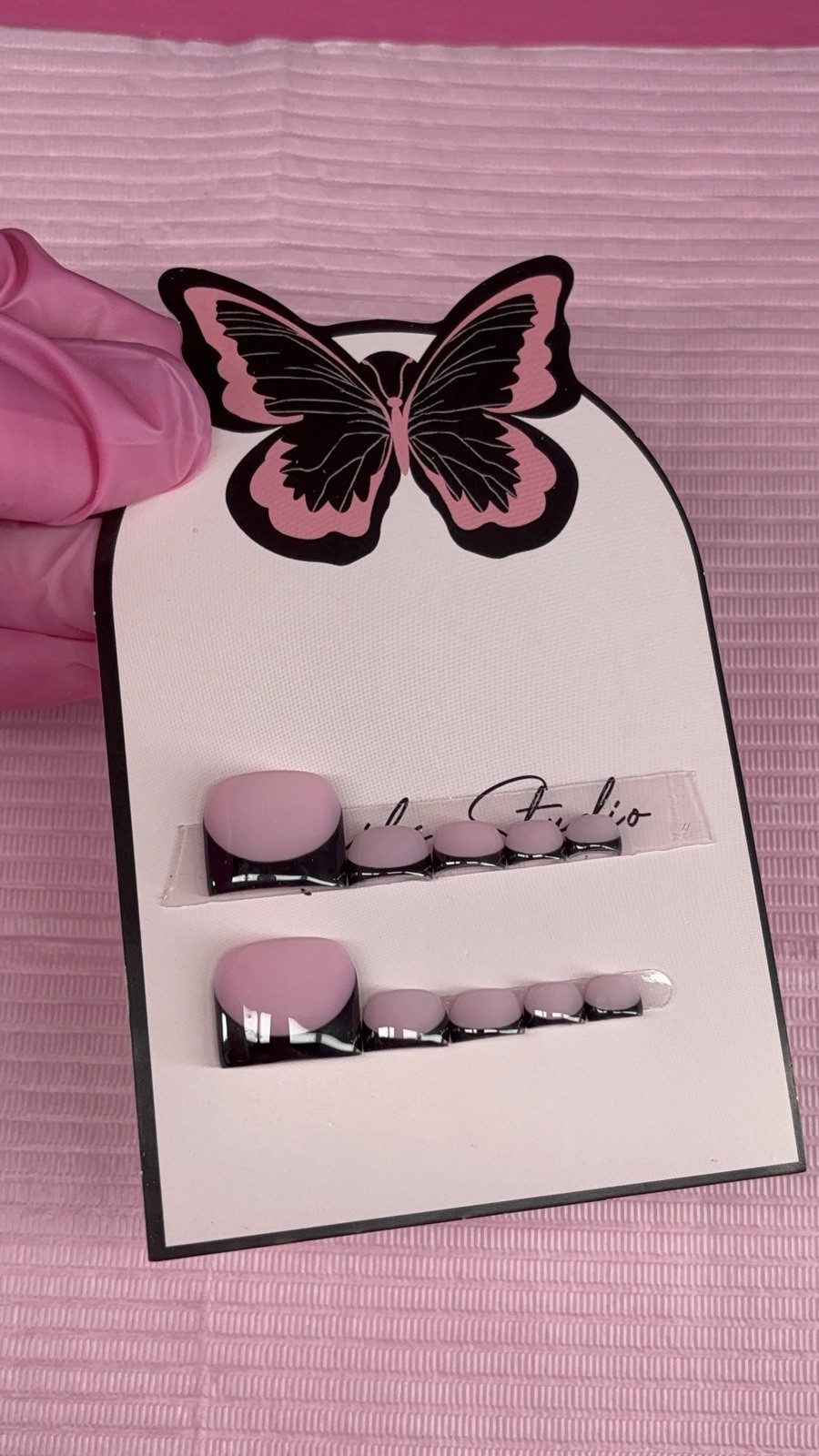 press on toenails pink nude black French tips handmade custom gel