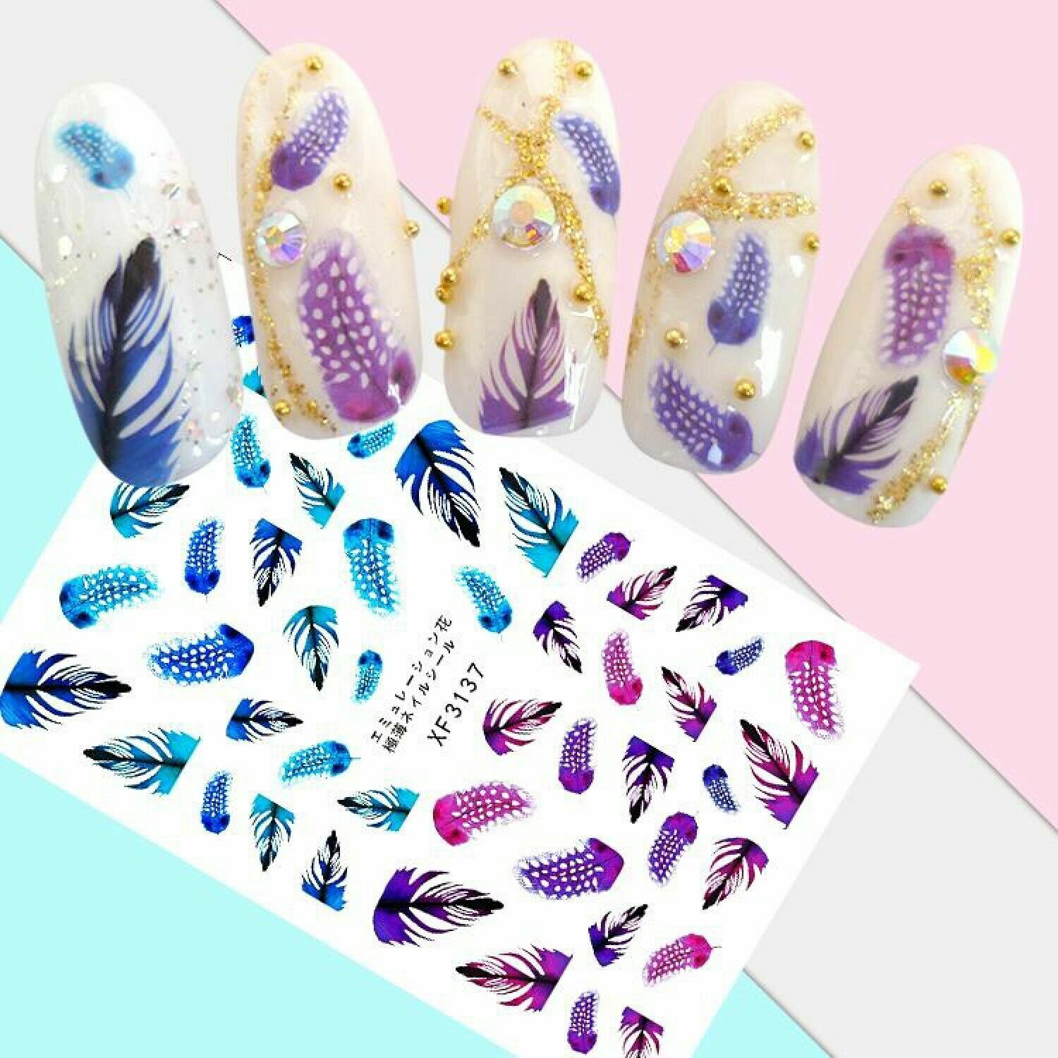 Nail Art 3D Decal Stickers 3D Self Adhesive Purple Blue Feathers XF3137
