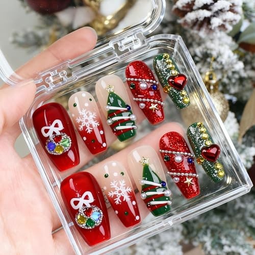 10 Pcs Christmas Handmade Acrylic Press on Nails Long Coffin Fake M Xmas01