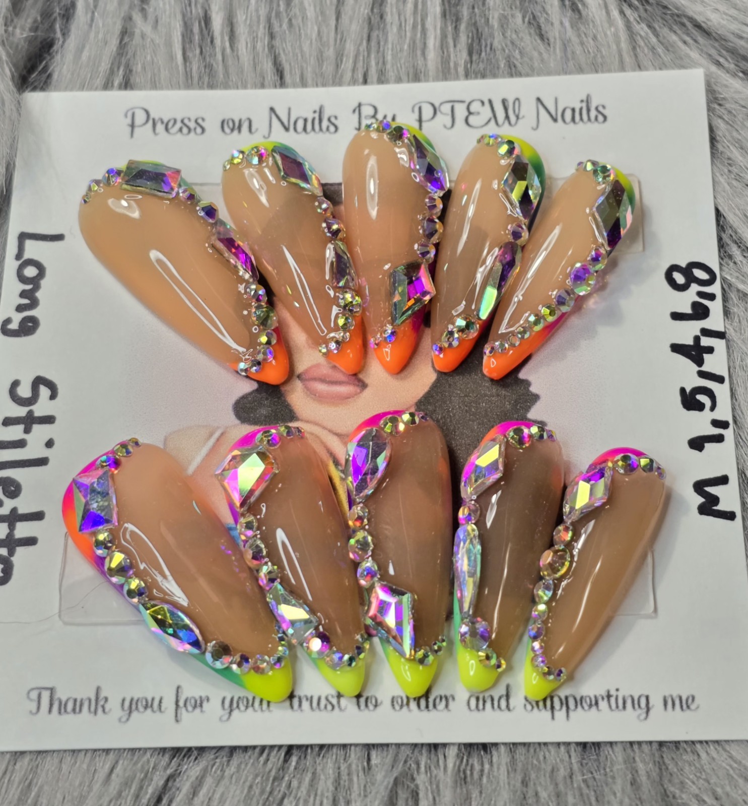 Handmade Press On Nails, Colorful Luxury ,Medium Size 1,5,4,6,8 Long Stiletto