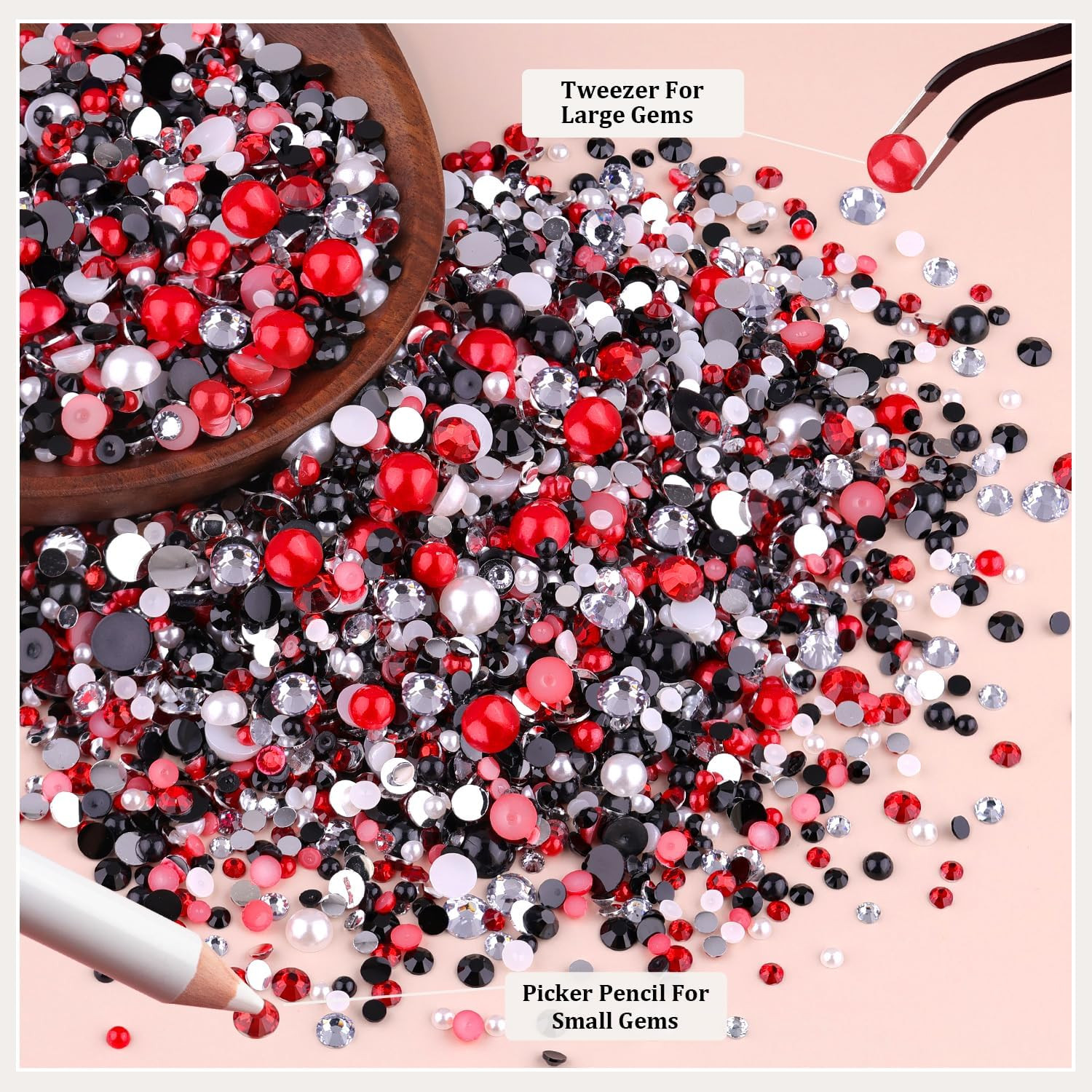 14000PCS Flatback Pearls and Rhinestones for Bedazzling Kit | Red White Black Mi