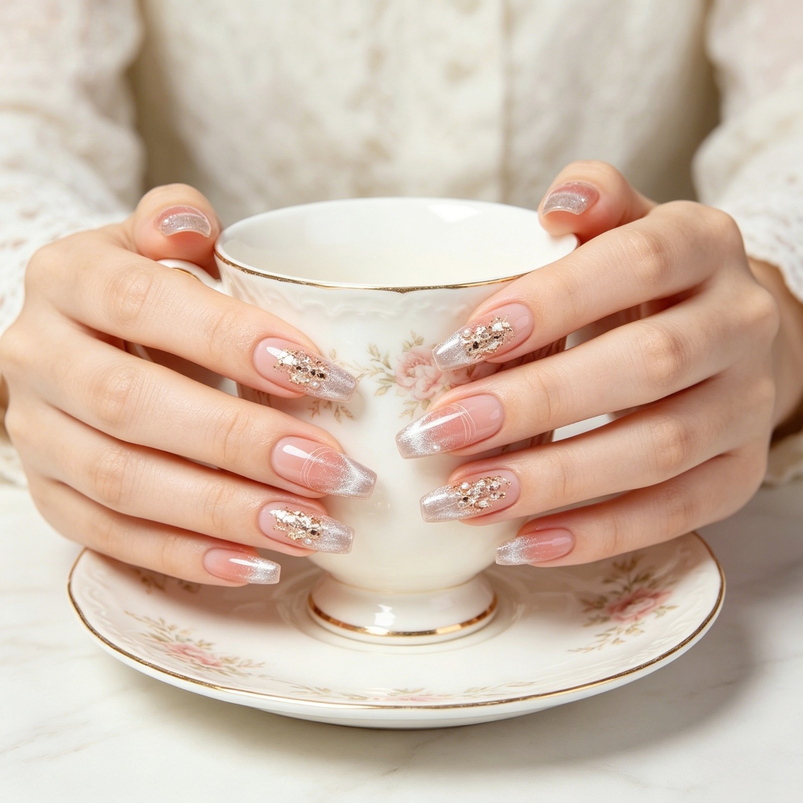 Blush Gradient Cat Eye Coffin Nails Gold Foil Glitter Press On False Nails Brida