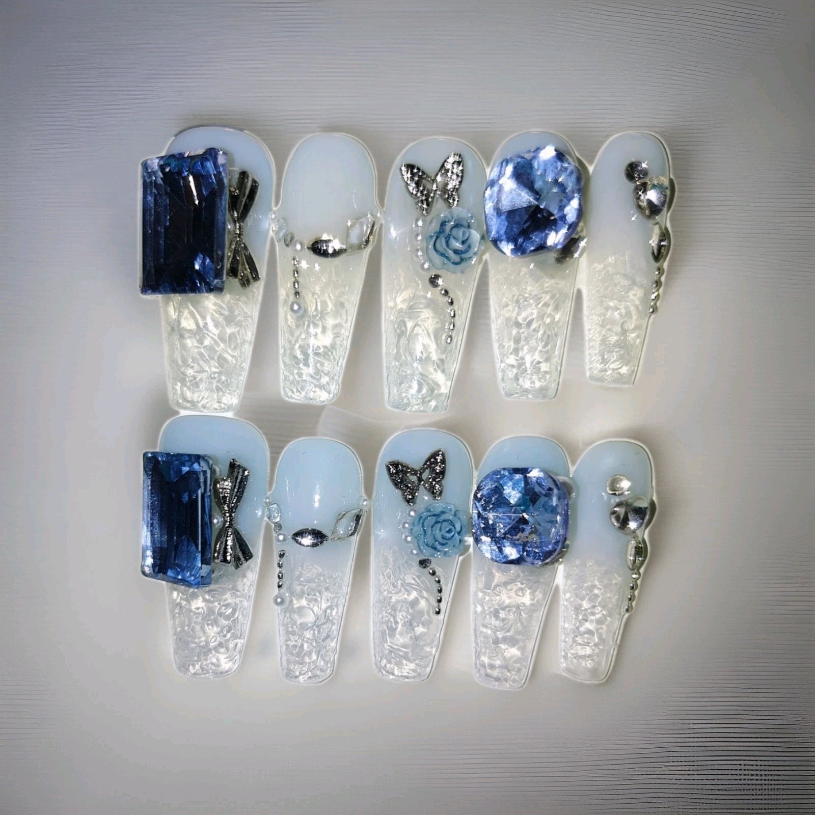 Long 3D Coffin Full Cover Artificial Nails Blue Silver Butterfly Rose Bow