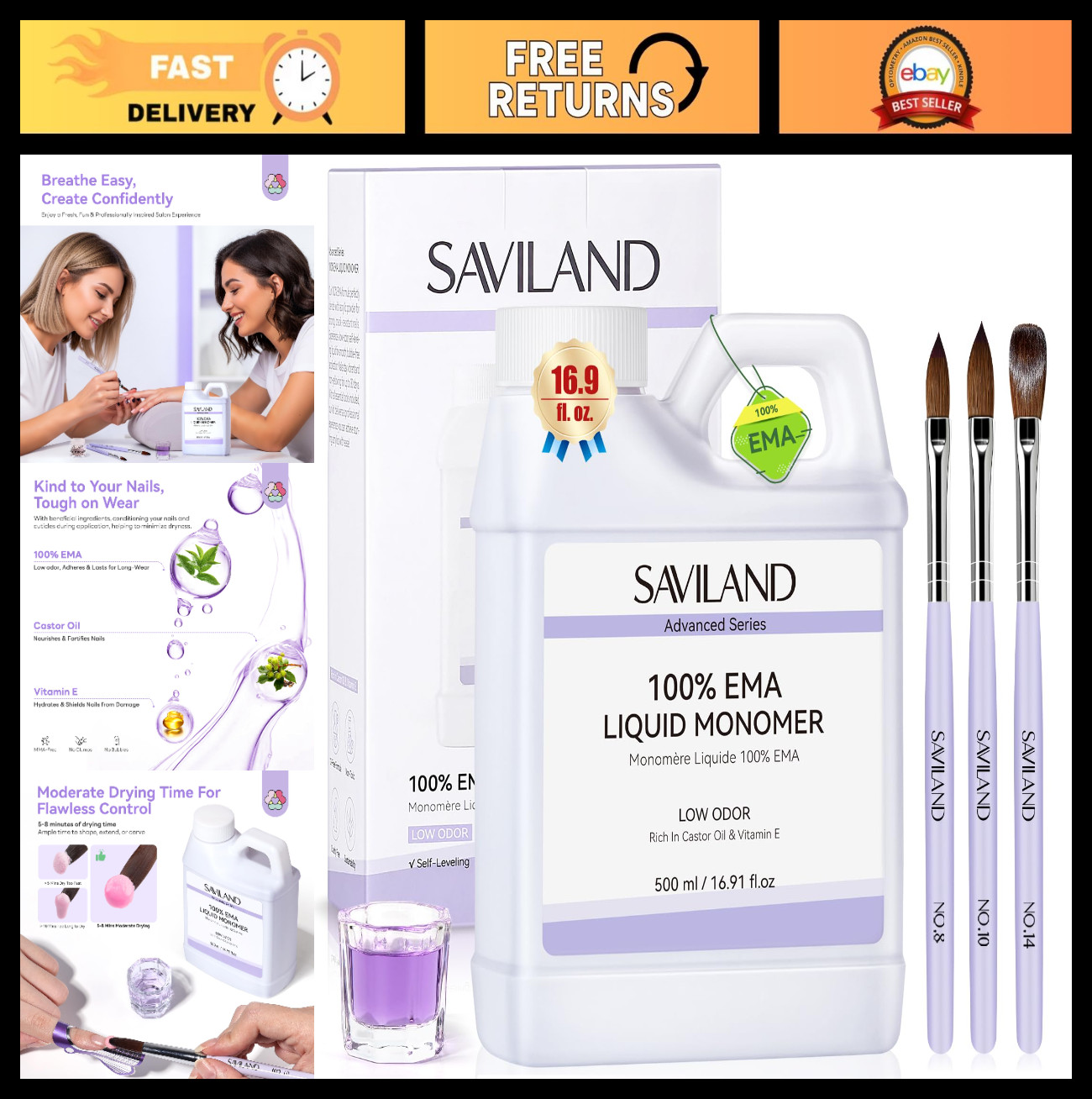 Acrylic Nail Liquid Kit – 16oz Low Odor Monomer, 3 Brushes & Dappen Dish for DIY