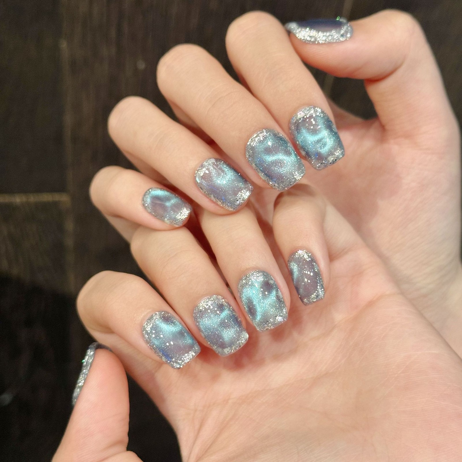 Handmade Blue Ice-clear Texture Sequin Shiny Fake Nail Oval/Square Press On Nail