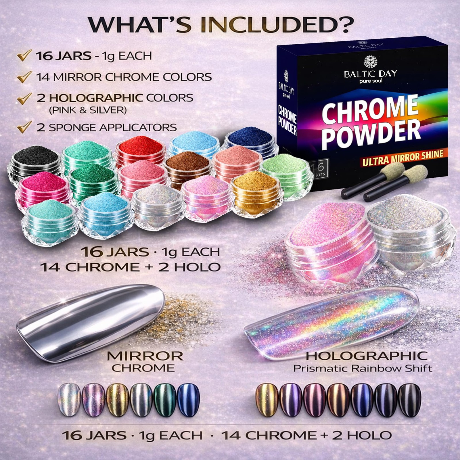 16 Colors Chrome & Holographic Nail Powder Set – Metallic Mirror Effect Pigme…