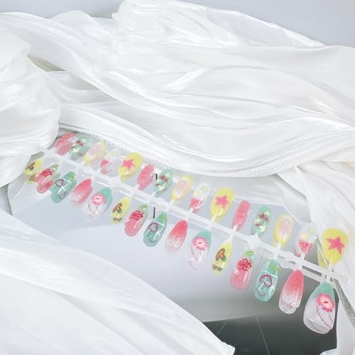 30pcs Summer Press on Nails Medium Almond Fake Nails with 3D Flower Handmade-14