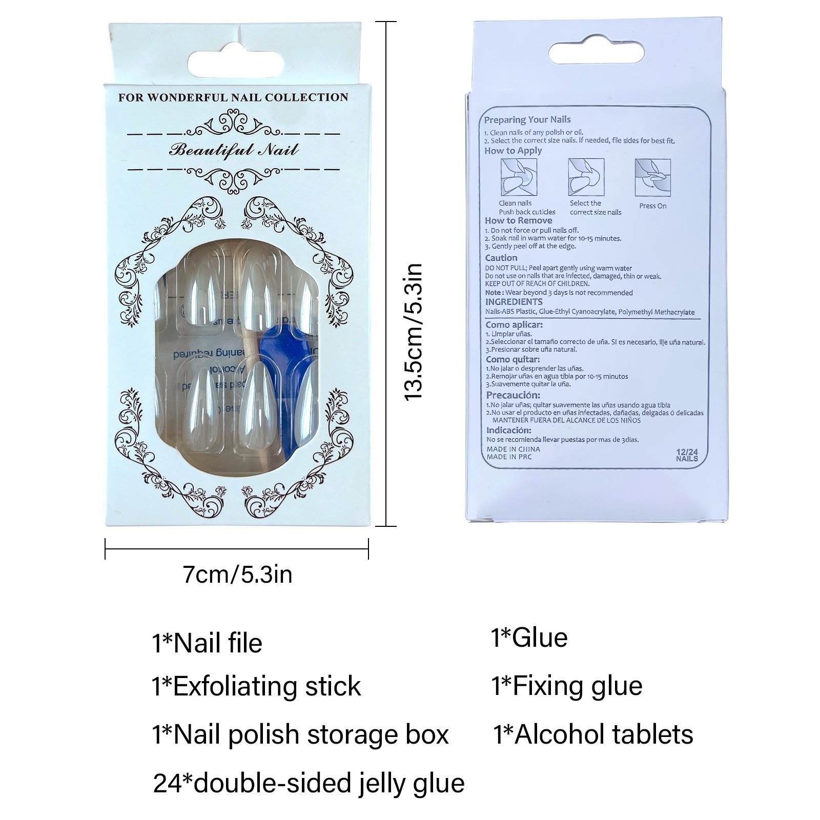 Clear Nude Long Almond Press-On Nails, 24Pcs Fake Nails with Full Prep Kit