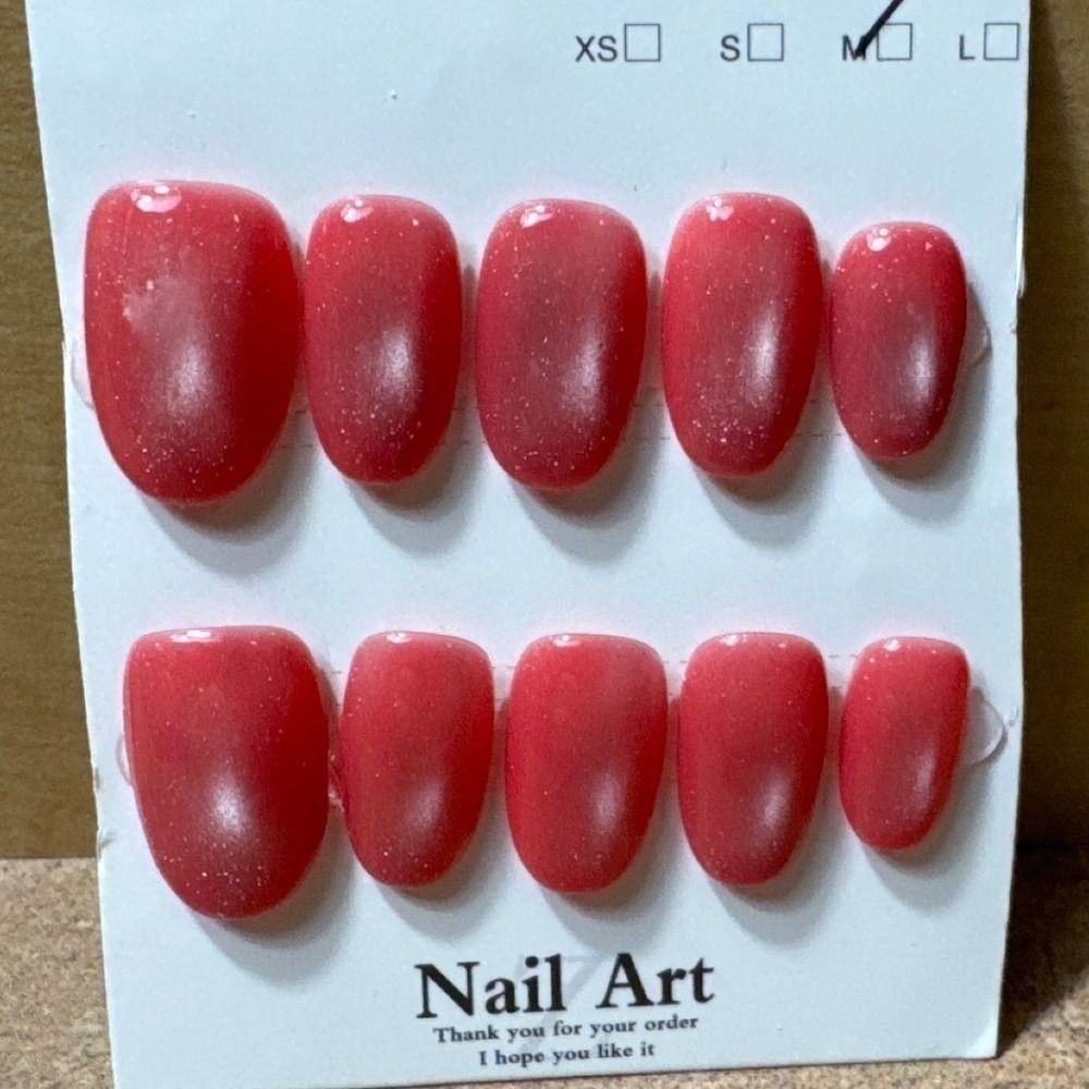 Coral Pink Shimmer Press On Nails Oval Medium Glitter Glossy Nail Art Set