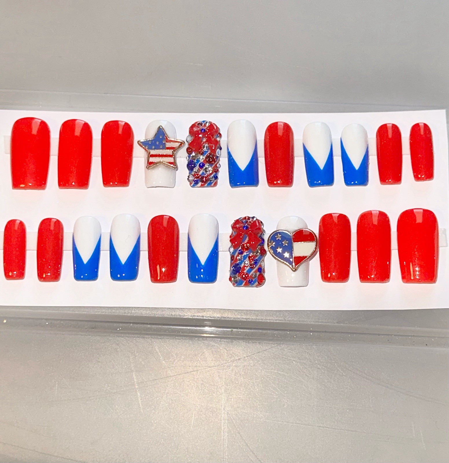 Handmade Custom Press On Nails Med Length Square July 4th Nails Red White Blue