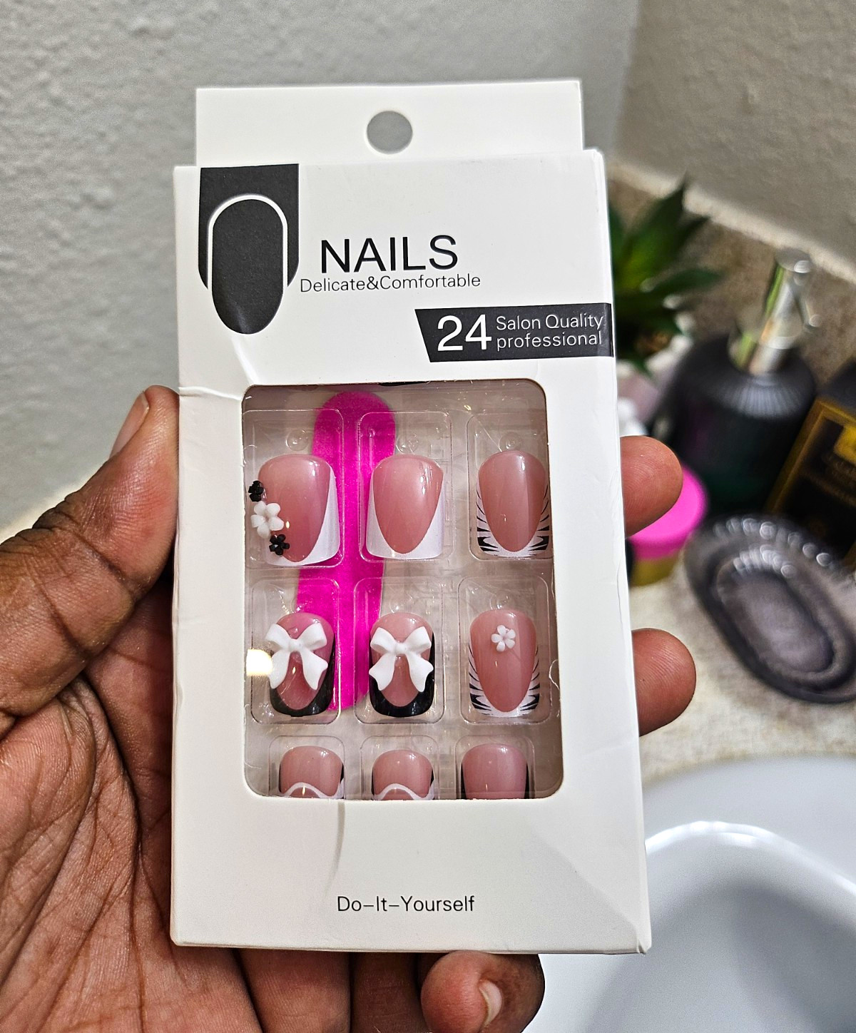 Pink Black White Square Press-On Nails Medium 3D Bow Pre-Designed 24pcs