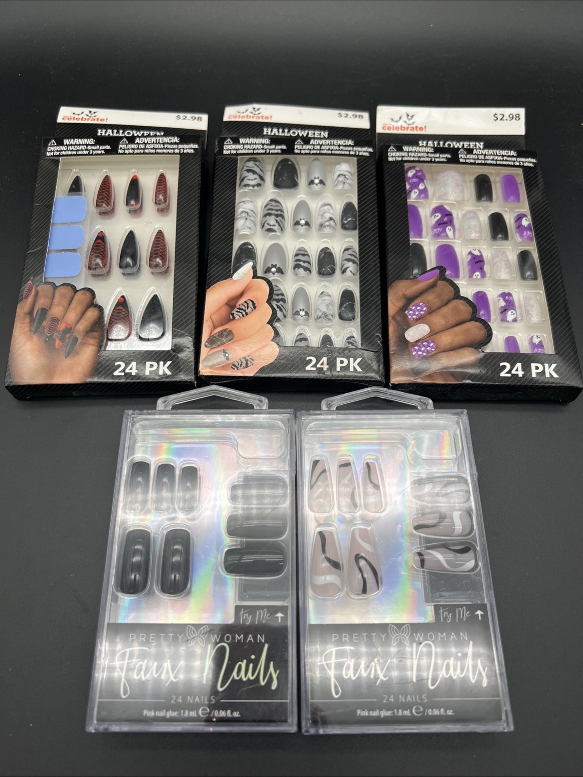 Lot Of 5: 2 Pretty Woman Faux Nails Press-On & 3 Halloween Press-On Nails