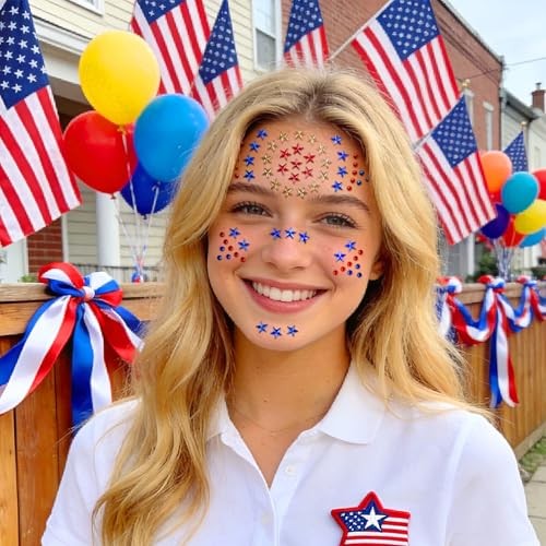 4th of July Star Face Gems, Self-Adhesive Face Jewels for Women, Red Blue star