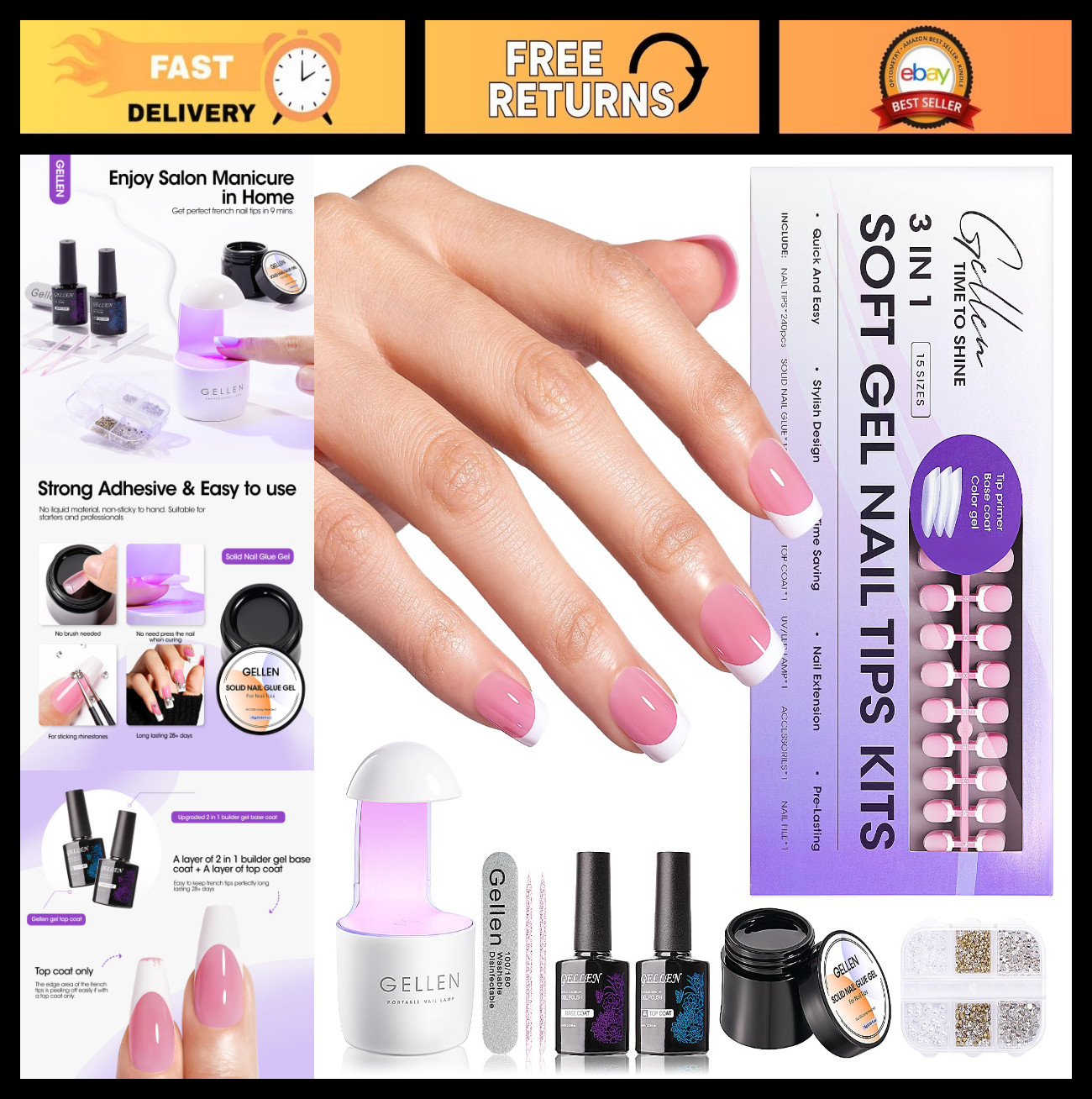 Pink French Tip Gel Nail Kit – 240PCS Short Square Press-On Nails, UV Lamp, Glue