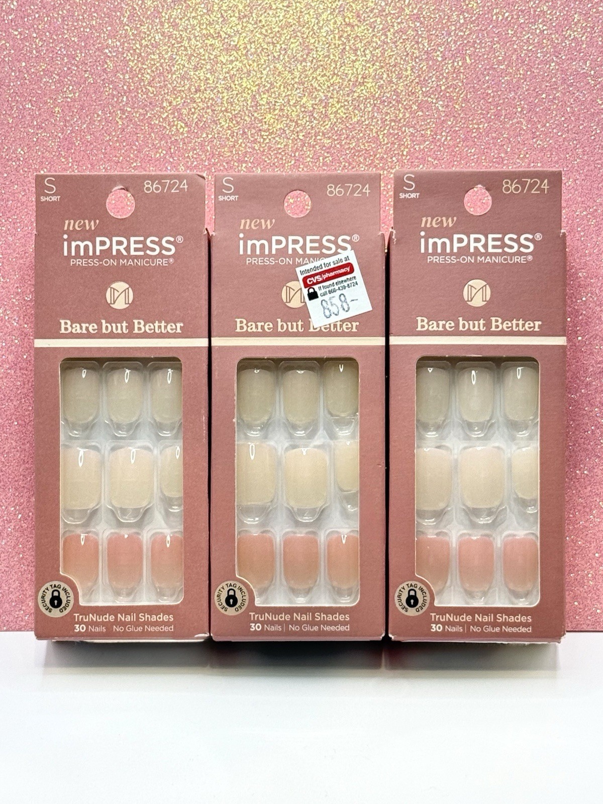Kiss imPRESS Bare But Better No Glue Press-On Nails Manicure Short 86724 Lot Of3