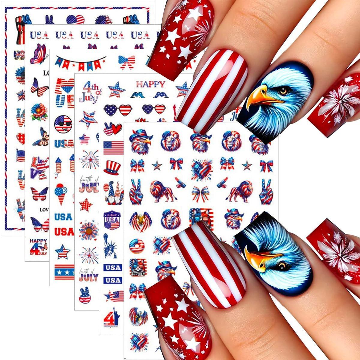 6Pcs 4Th of July Nail Art Stickers Decals Red Blue White Flag 3D Self-Adhesive N