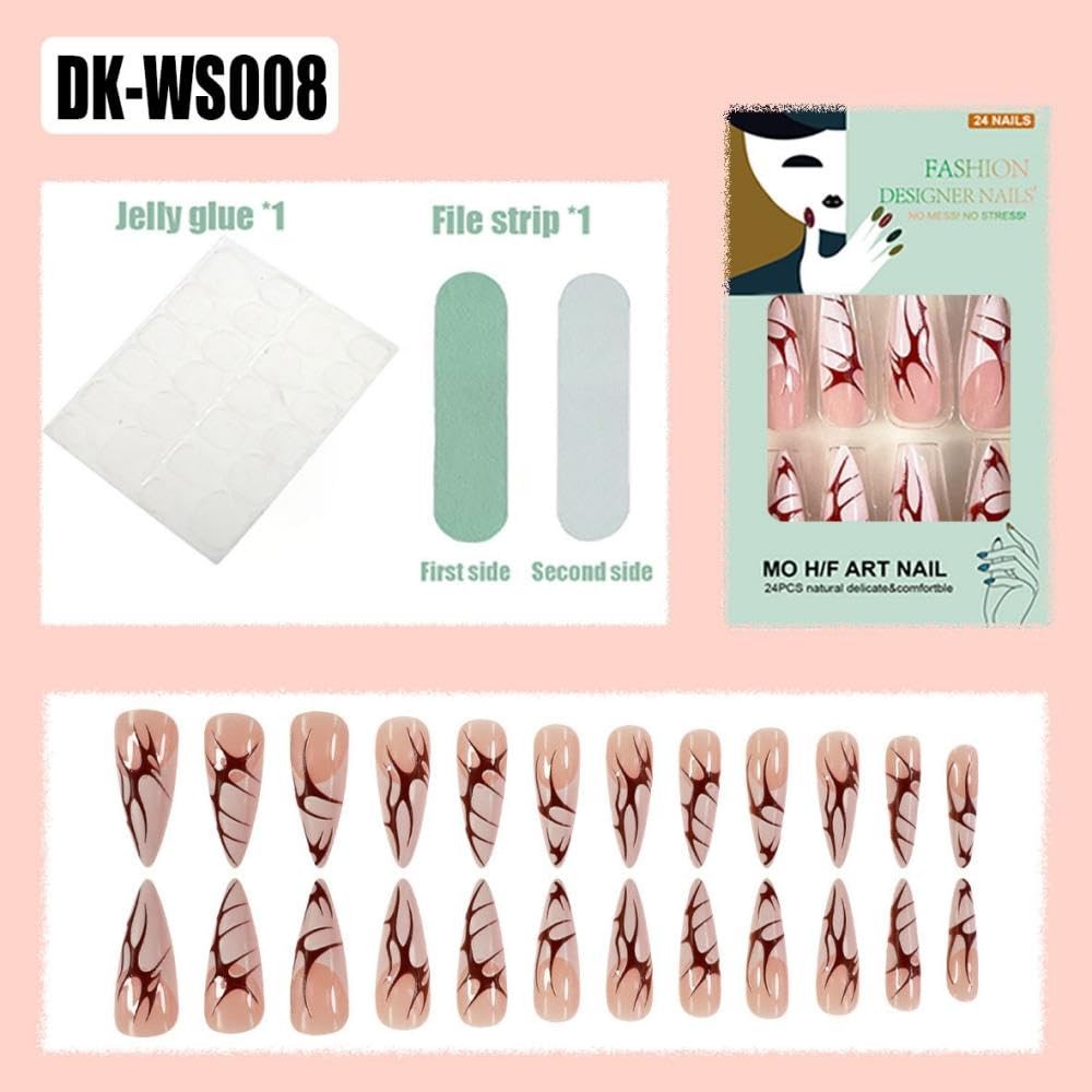 Halloween Press on Nails Long Almond Stick on Nails with Red Flame Design Glo…