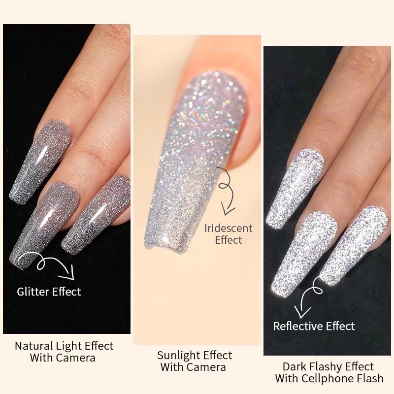 Silver Reflective Nail Disco Glitter for Gel Polish & Varnish Flash Night Effect