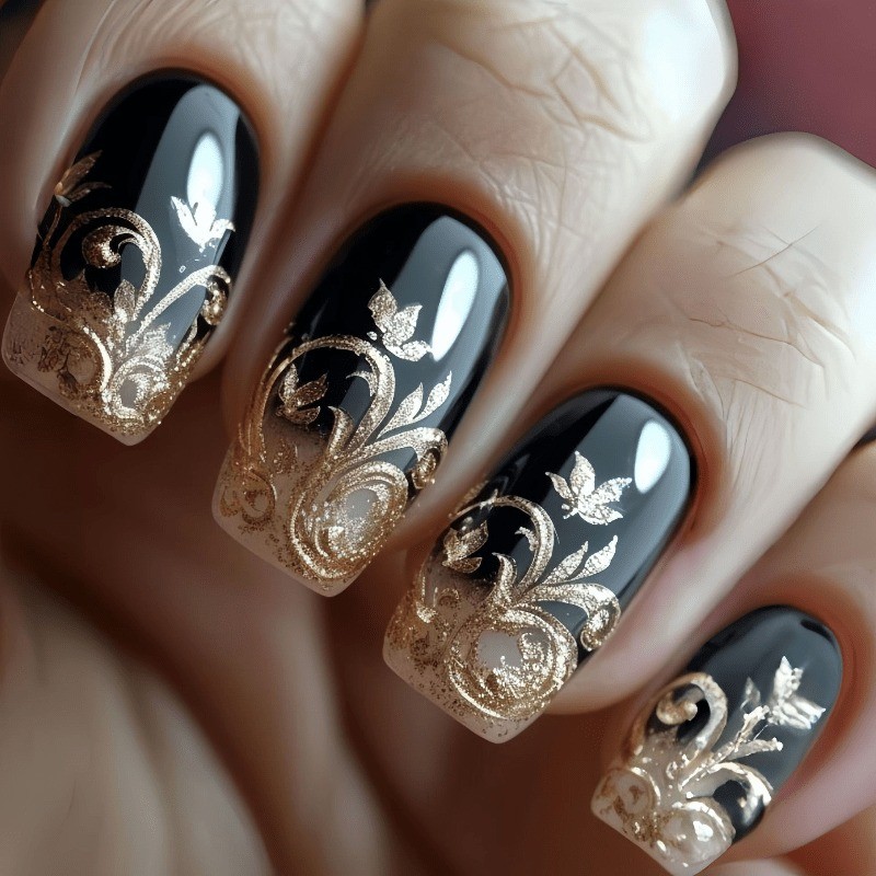 48 Pcs of Black Gold-plated Twisted Branch Fake Nails – Removable Fake Nail Art