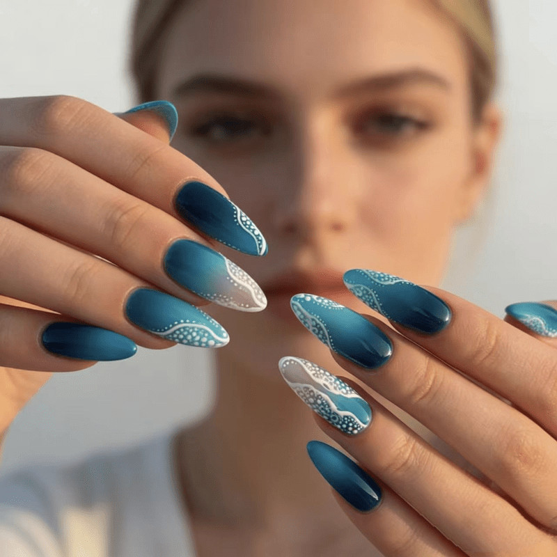 48 pieces of medium length almond nail, blues wave gradient, wearable nail art