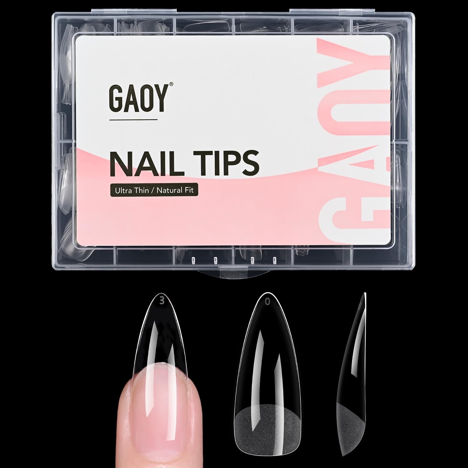 GAOY Medium Stiletto Fake Gel Nail Tips, 12 Sizes 240 Piece Assortment, Clear