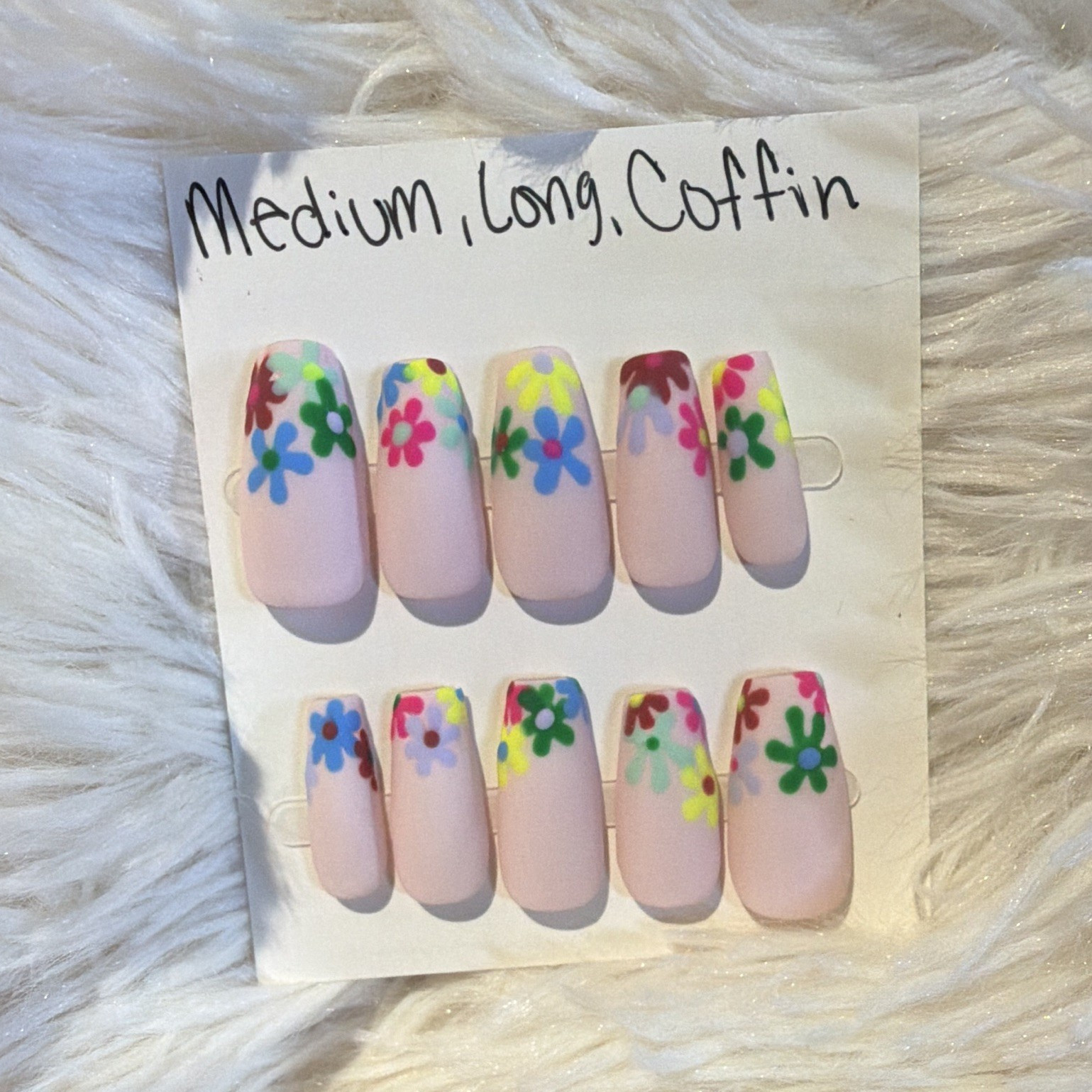 Medium Long Coffin Press-On Nails Set Full Cover Pre-Designed Pink Floral Matte
