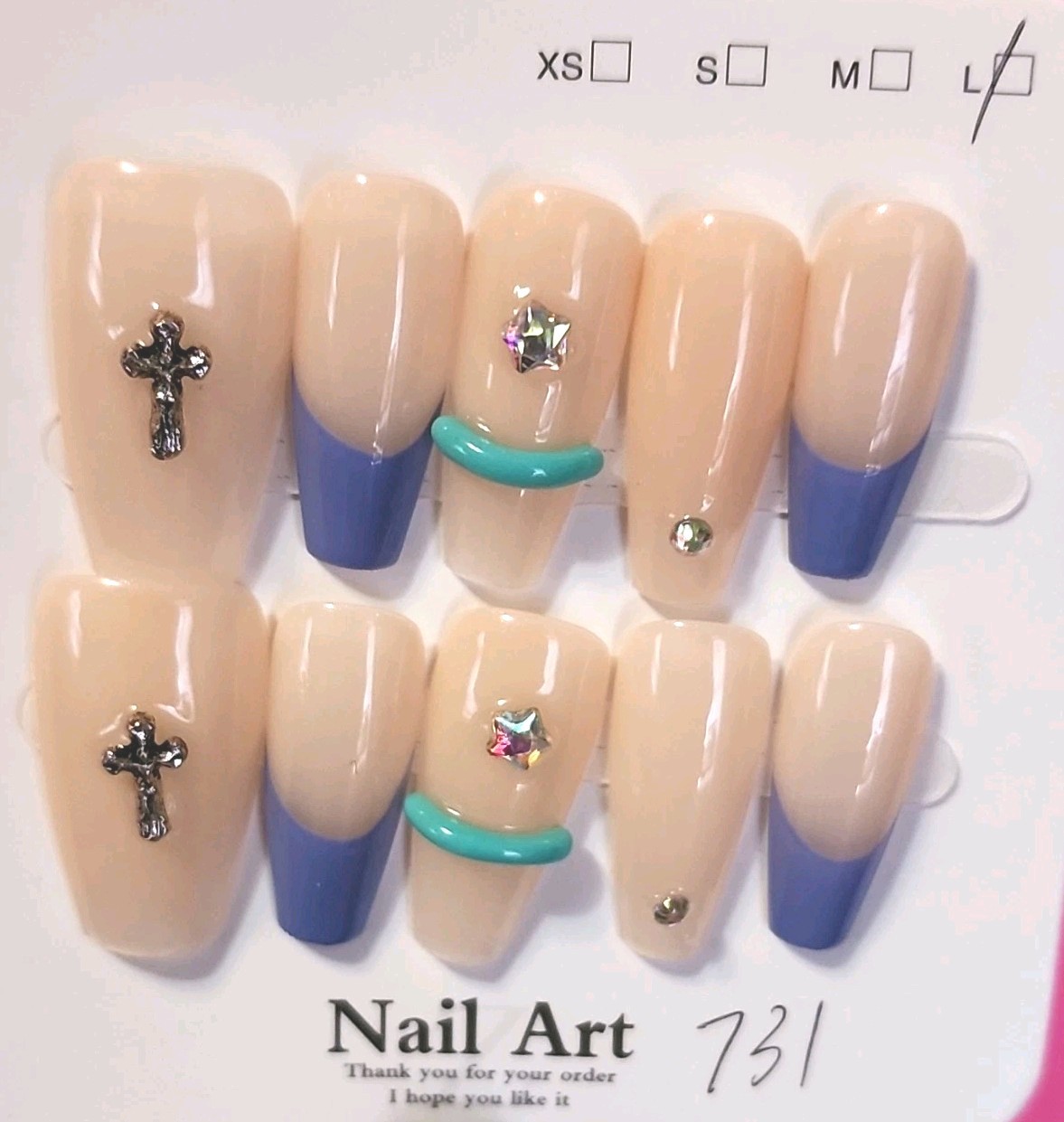 Press-On Nails Long Coffin Full Cover Acrylic, Beige/Blue Shiny Cross Design