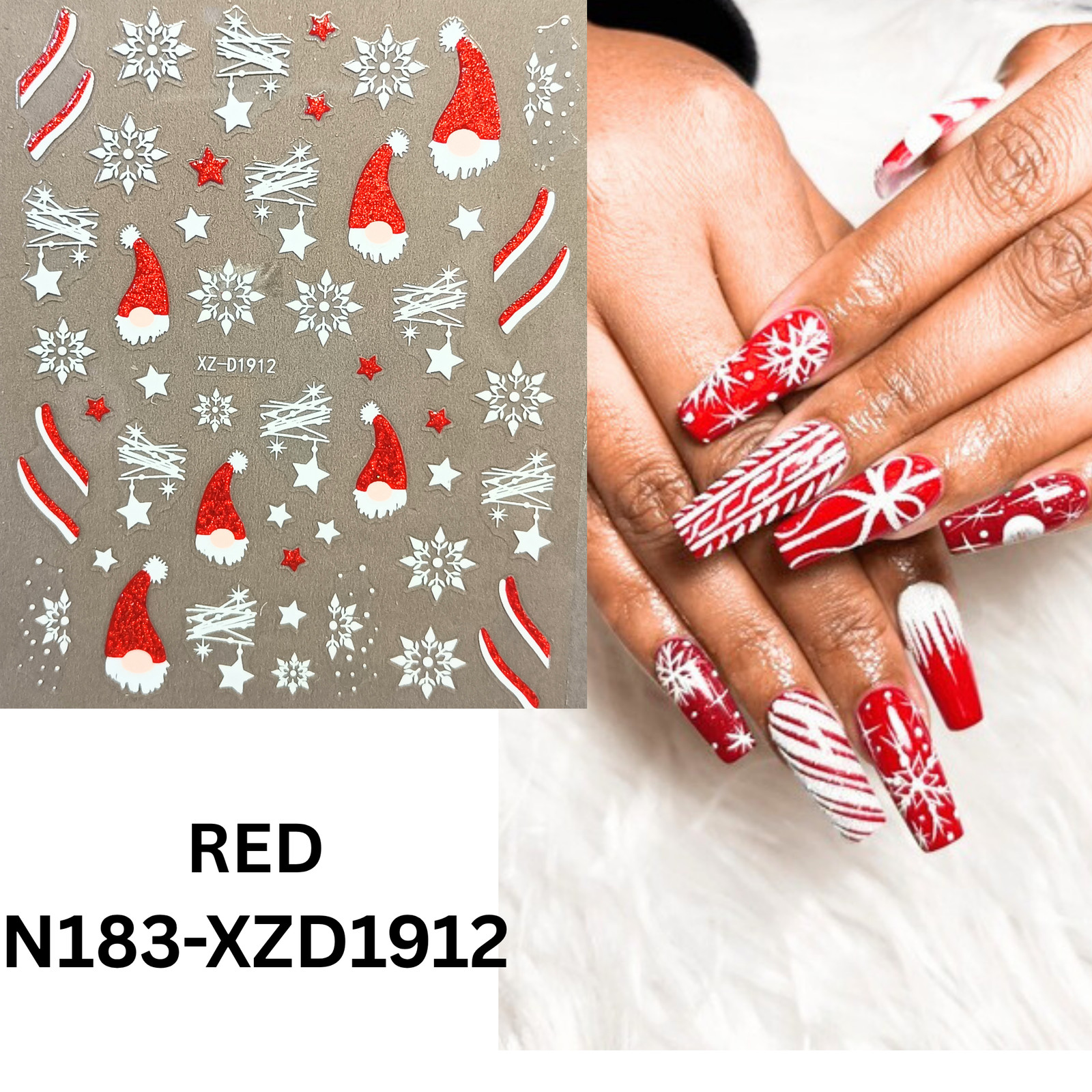 Set of 12 Christmas 3D Nail Decals – Holiday Reindeer, Candy Cane, Santa & Snowf