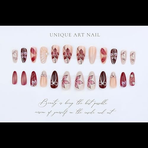 24Pcs 3D Flower Press on Nails Medium Almond Fake Nails Pearl Flower Nails-17