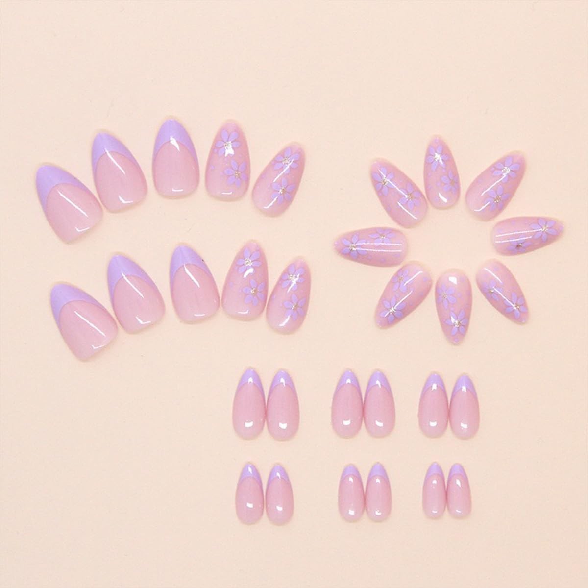 30Pcs Short Almond Press On Nails – Purple Flower French Tip short, A15