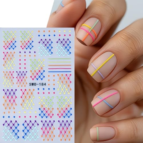 Colorful Line Nail Art Stickers Plaid Polka Dot Colorful Line Dot Style9