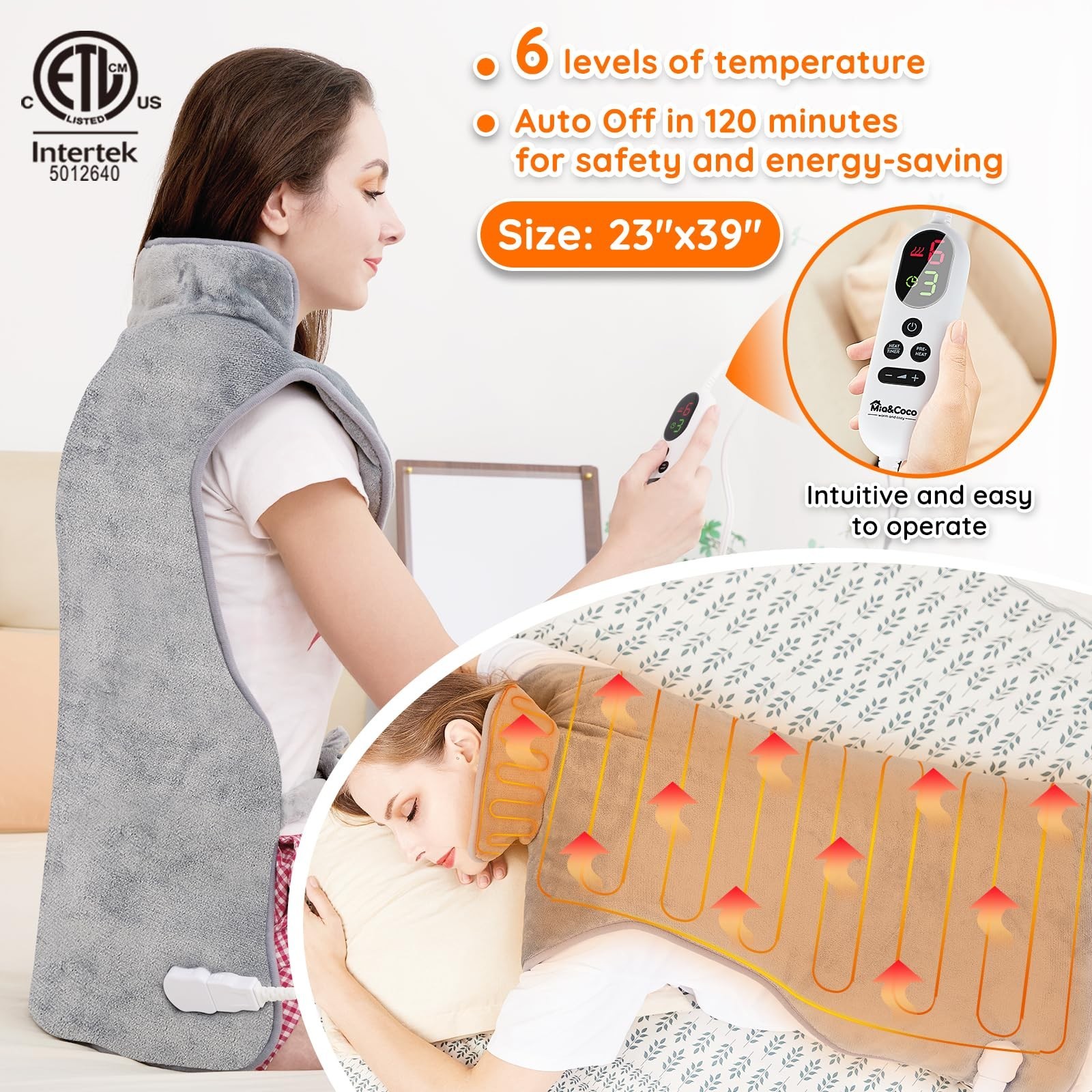 Mia&Coco Heating Pad for Neck Shoulders and Back, XL 23″x39″ Soft Flannel Wra…
