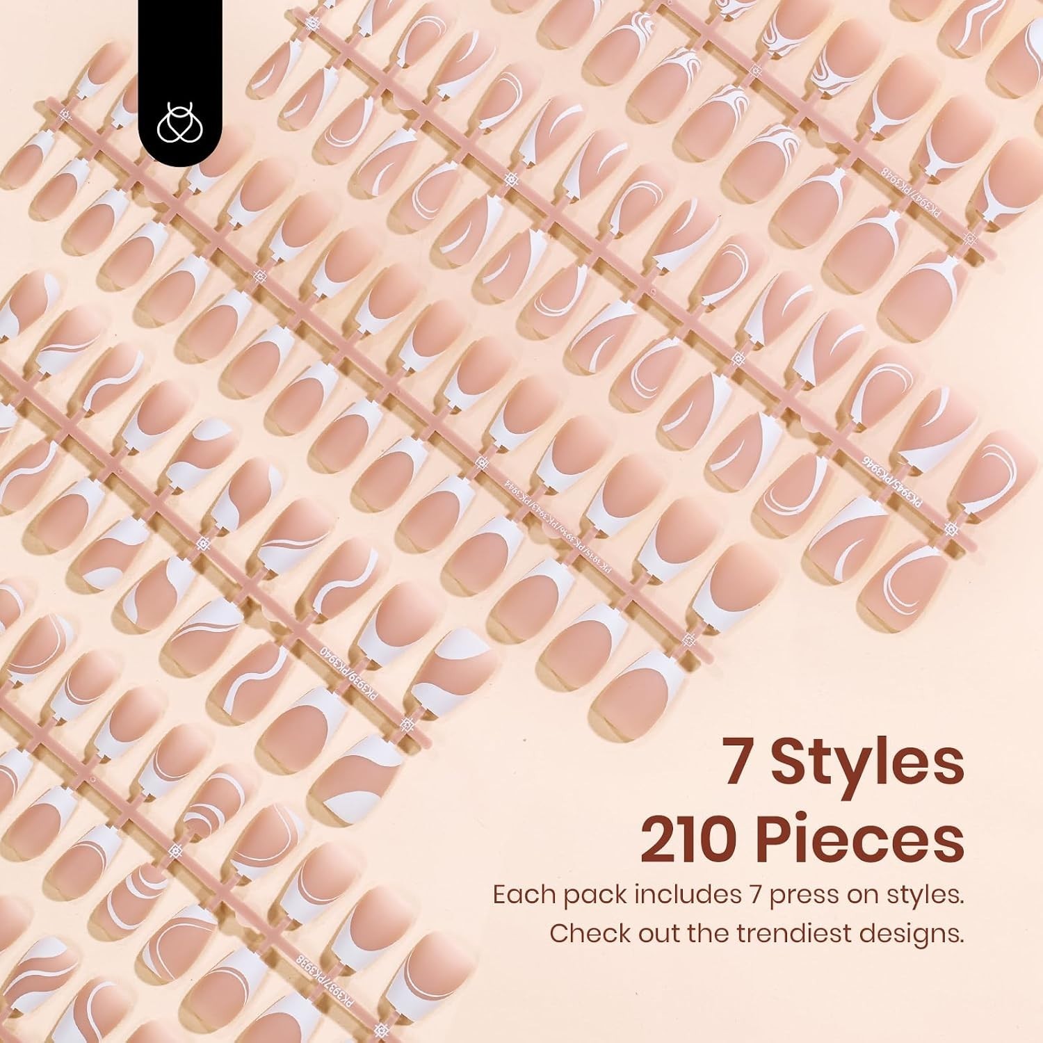Beetles Press on Nails Med Coffin – 7 Styles French Tips 210 pieces – 15 sizes