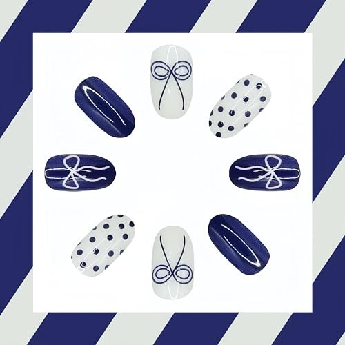 Press on Nails Short Almond Full Cover French Tips Fake Nails with dot and bow