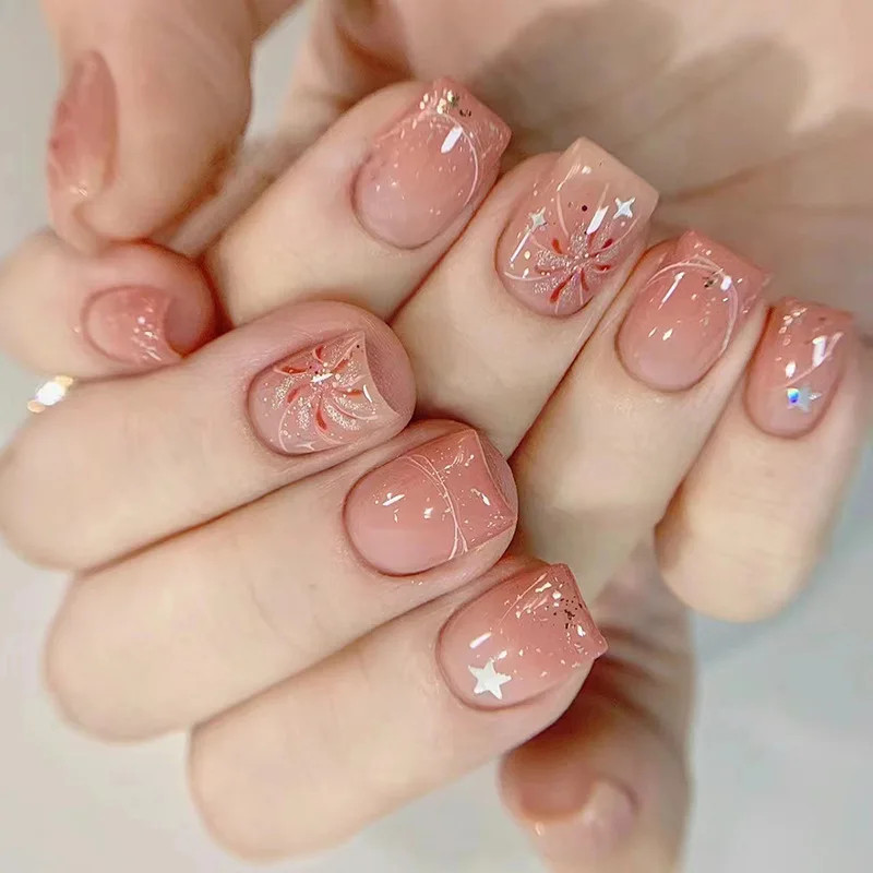 24Pcs Short Oval Pink Gradient Press On Nails Glossy Full Cover False Nail Set