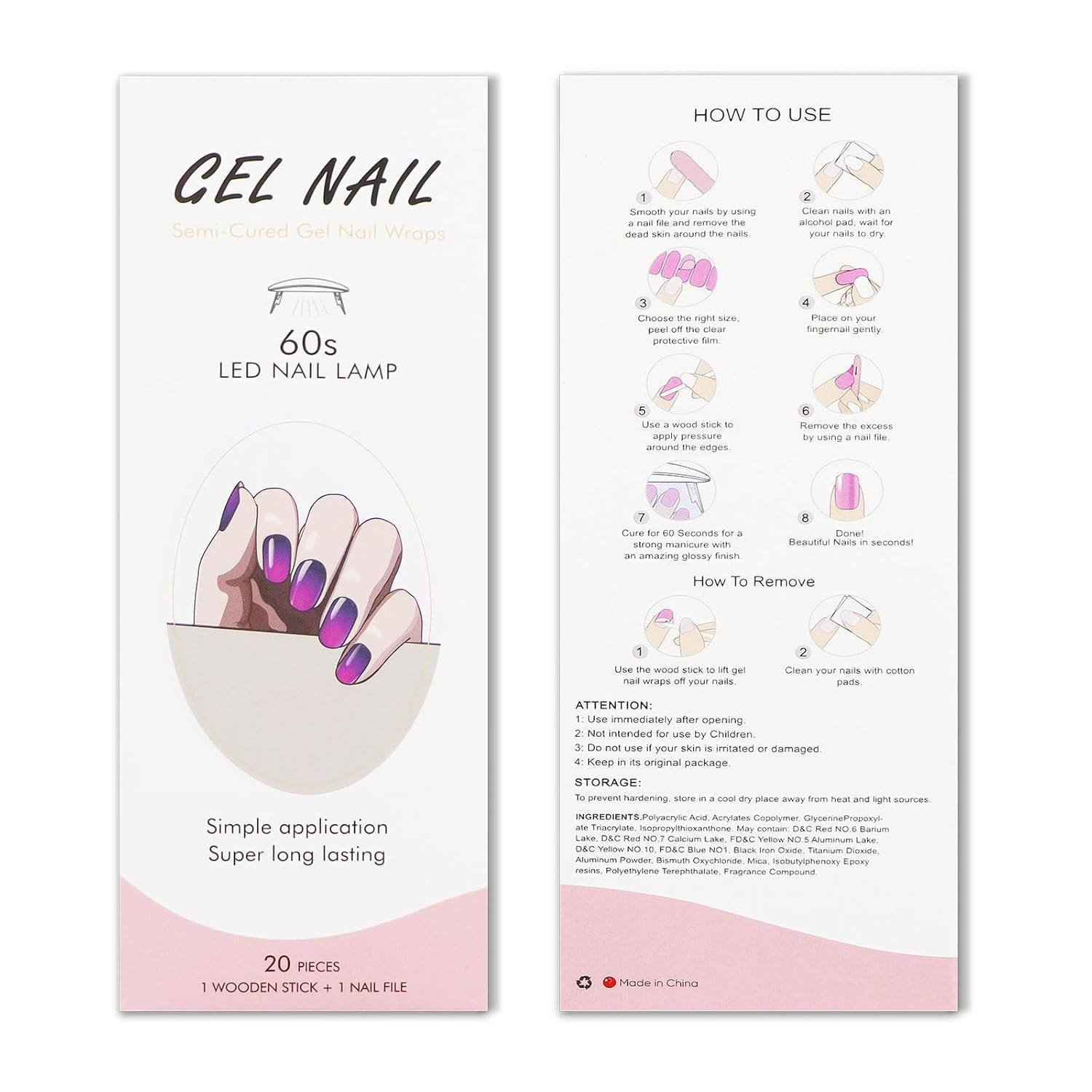 Gel Nail Stickers Pink Purple Semi Cured Gel Nail Strips Wraps UV/LED Nails Art