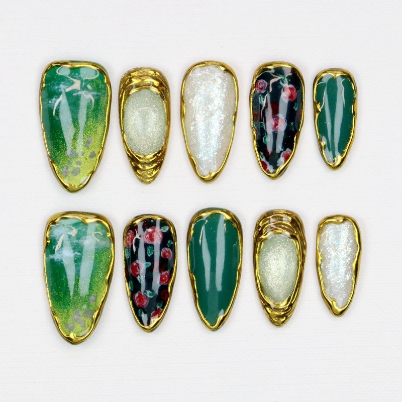 Custom Pure Handmade Nails Dark Green Gold Trim Floral Luxury Daily Manicure