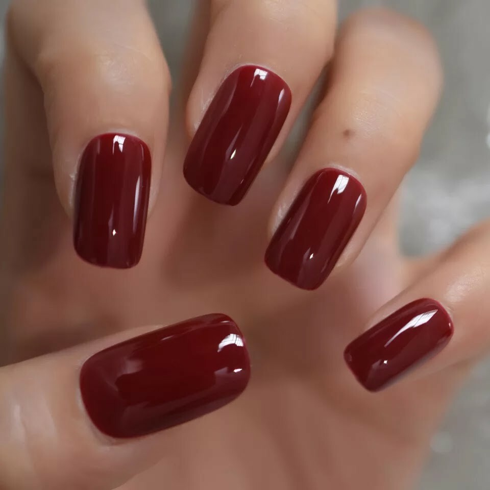 24 Square Cherry Glaze Press on nails kit Glue Dark red burgundy maroon