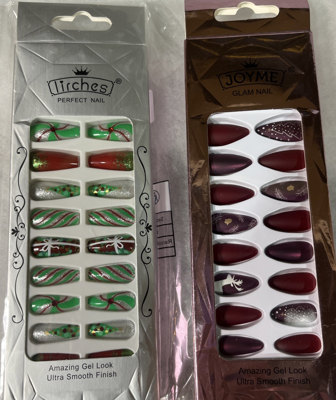2 New Xmas Sets Of PressOn Manicure Nails Almond Burgundy Glam Coffin Red Green