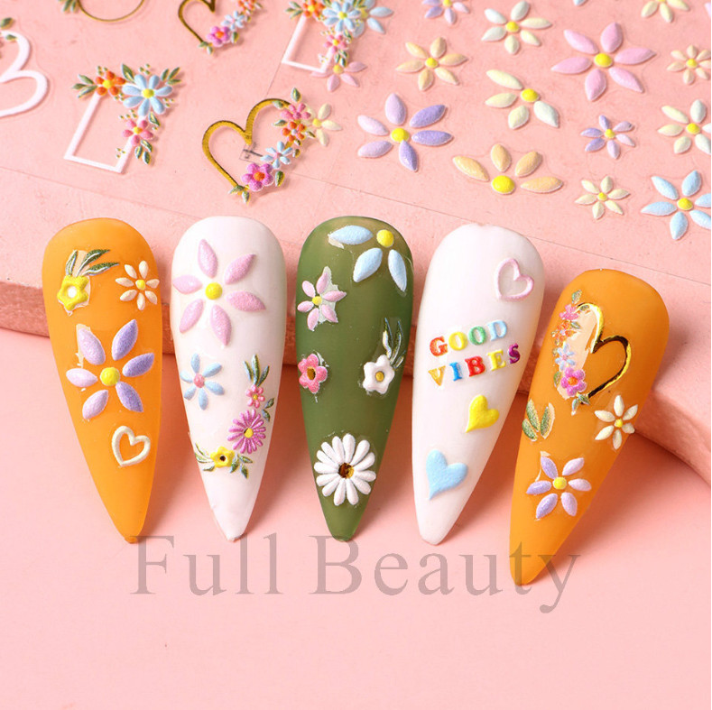 5D Embossed French Colorful Flower Love Daisy Fingers Toe Nail Art Stickers NS13