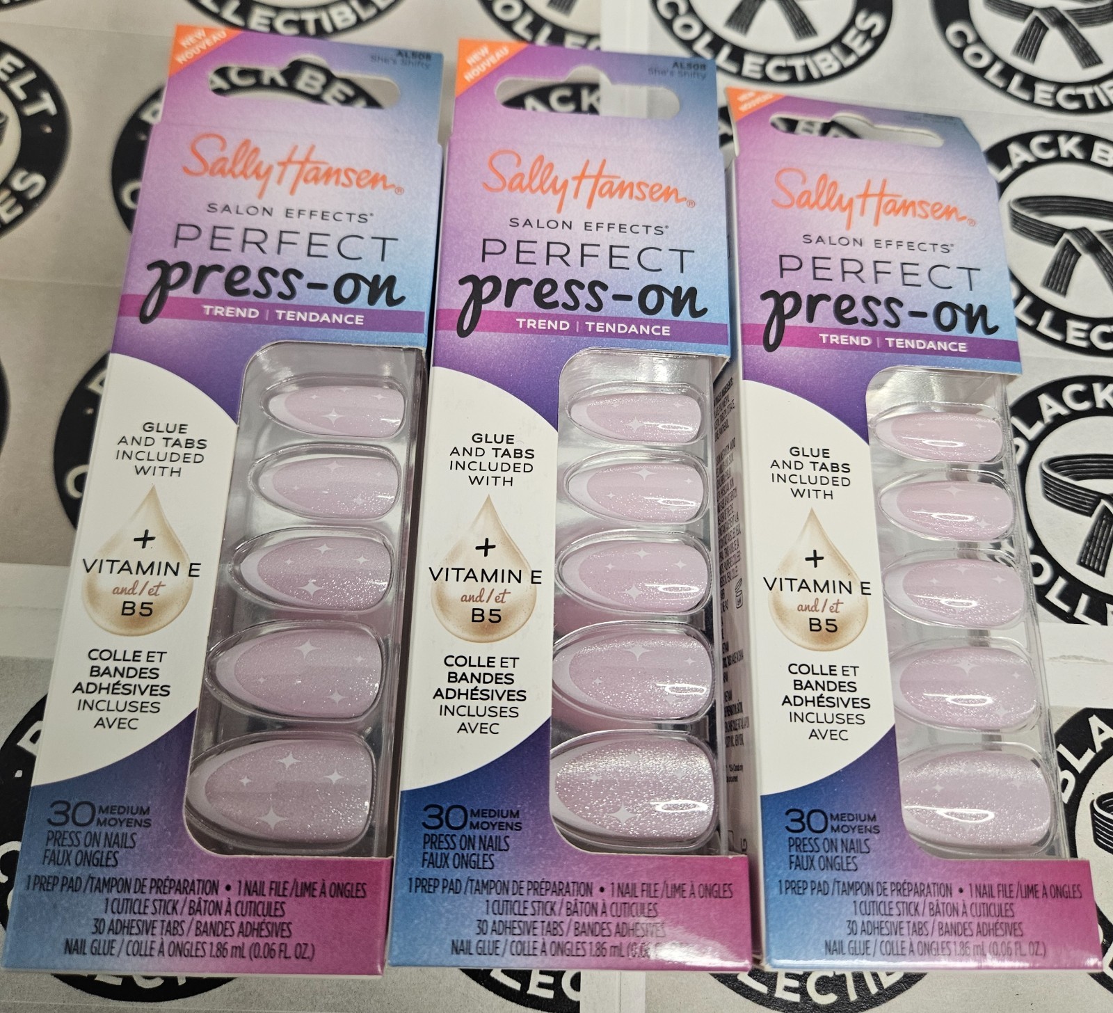 Lot of 3 Sally Hansen Perfect Press-on Nails Medium She’s Shifty Pink
