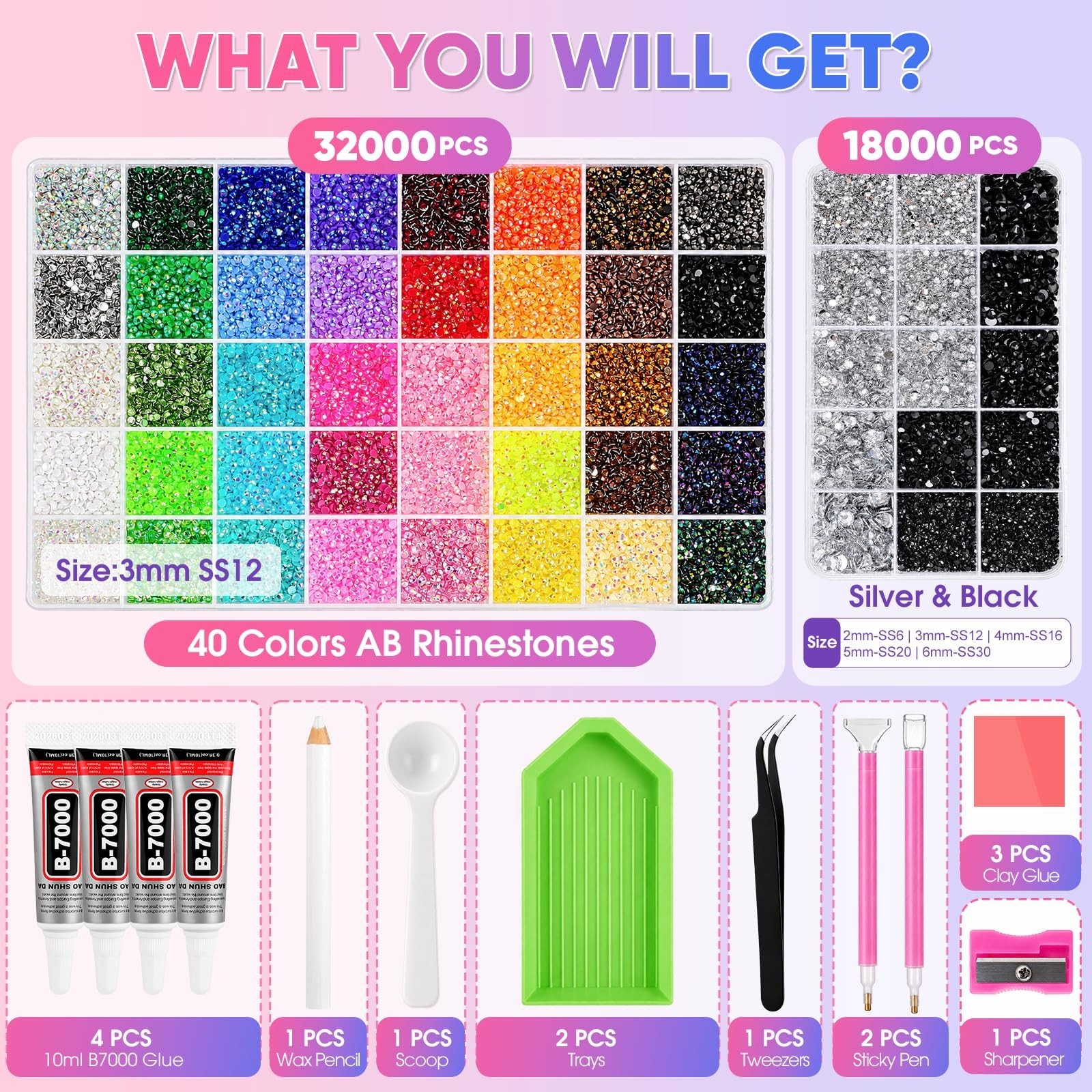 50000Pcs Multicolor Jelly Rhinestones Kit for Diamond Art & Nail Crafts, Flatbac